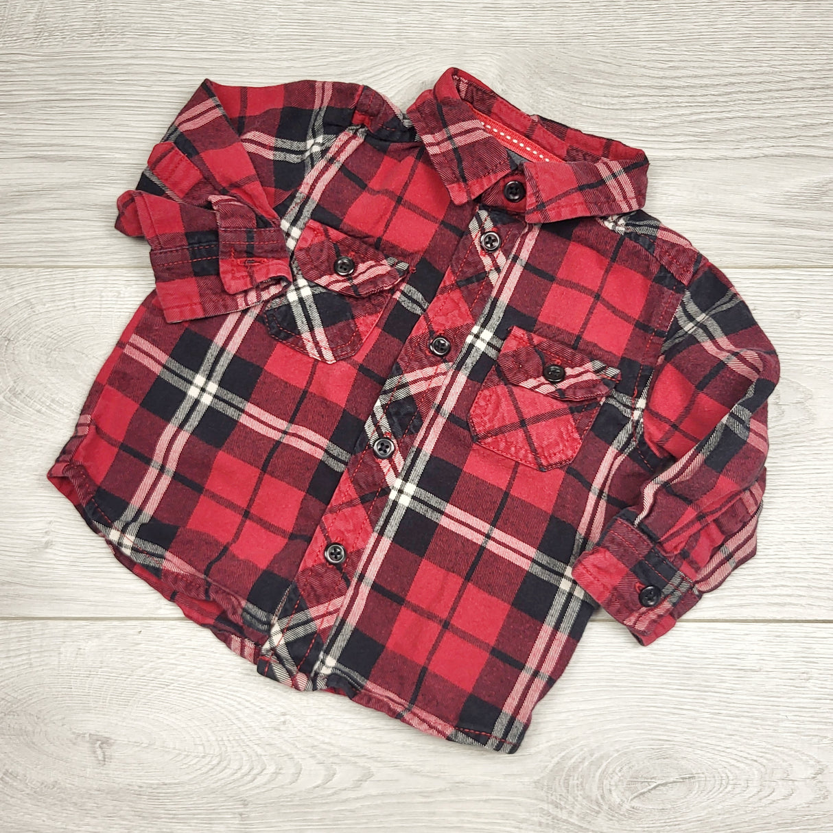 RBEN2 - Joe red plaid button down flannel shirt. Size 6-12 months