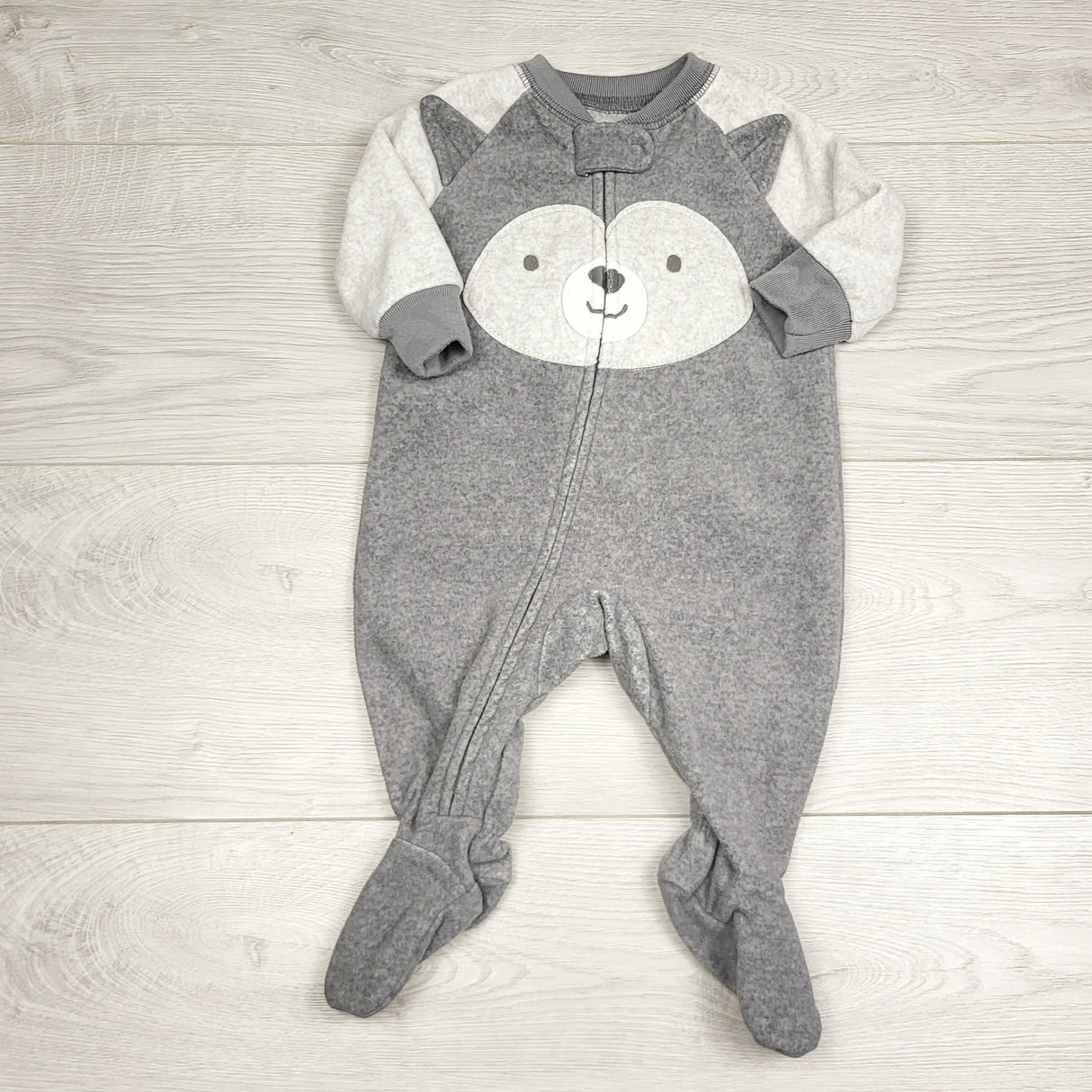 RBEN2 - Carters grey zippered fleece sleeper with fox. Size 3 months