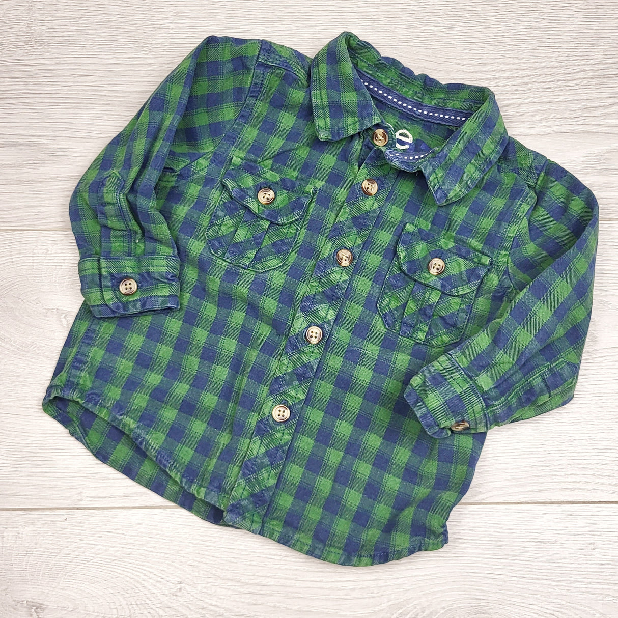 RBEN2 - Joe green and navy plaid button down flannel shirt. Size 6-12 months