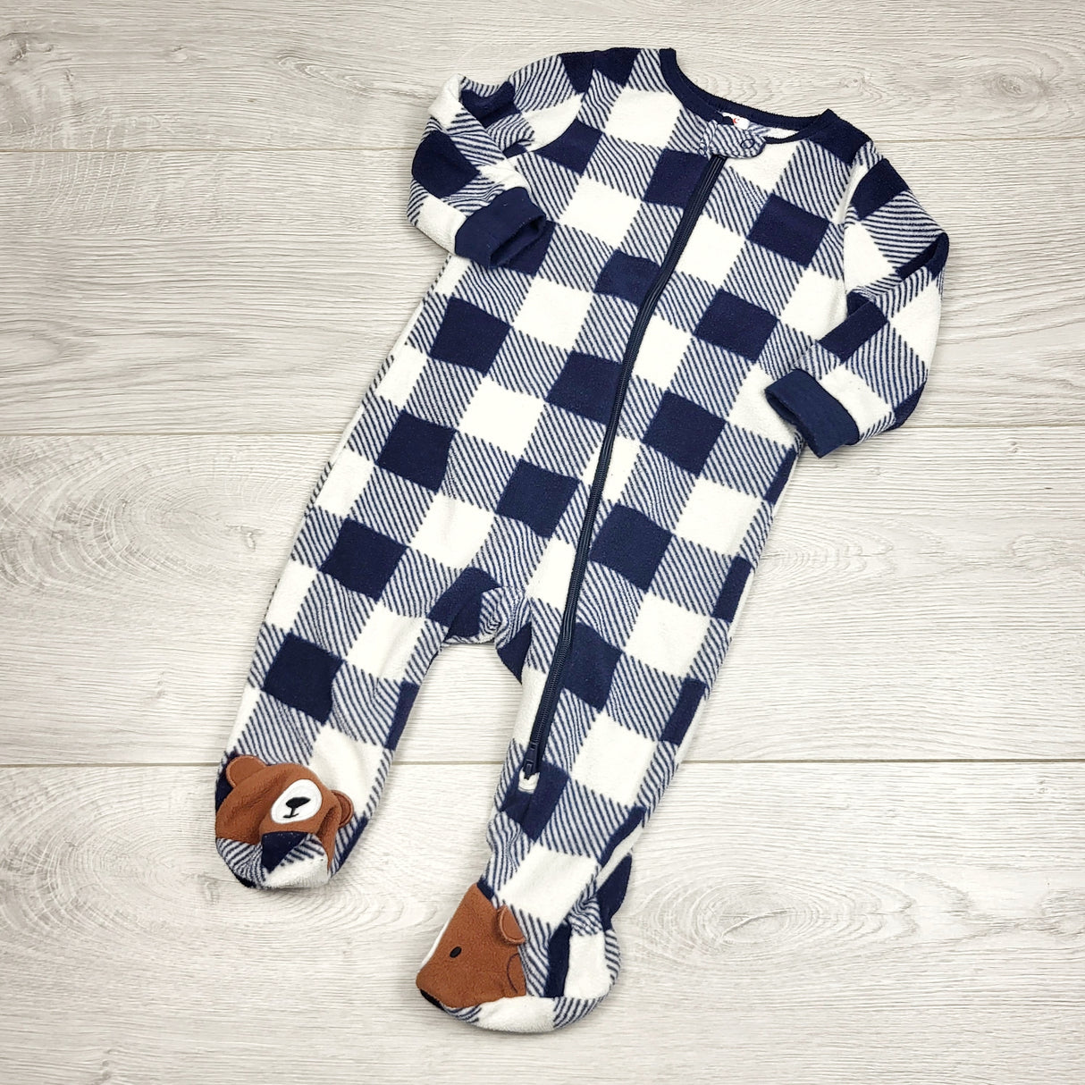 RBEN2 - Joe navy and white plaid zippered fleece sleeper. Size 3-6 months