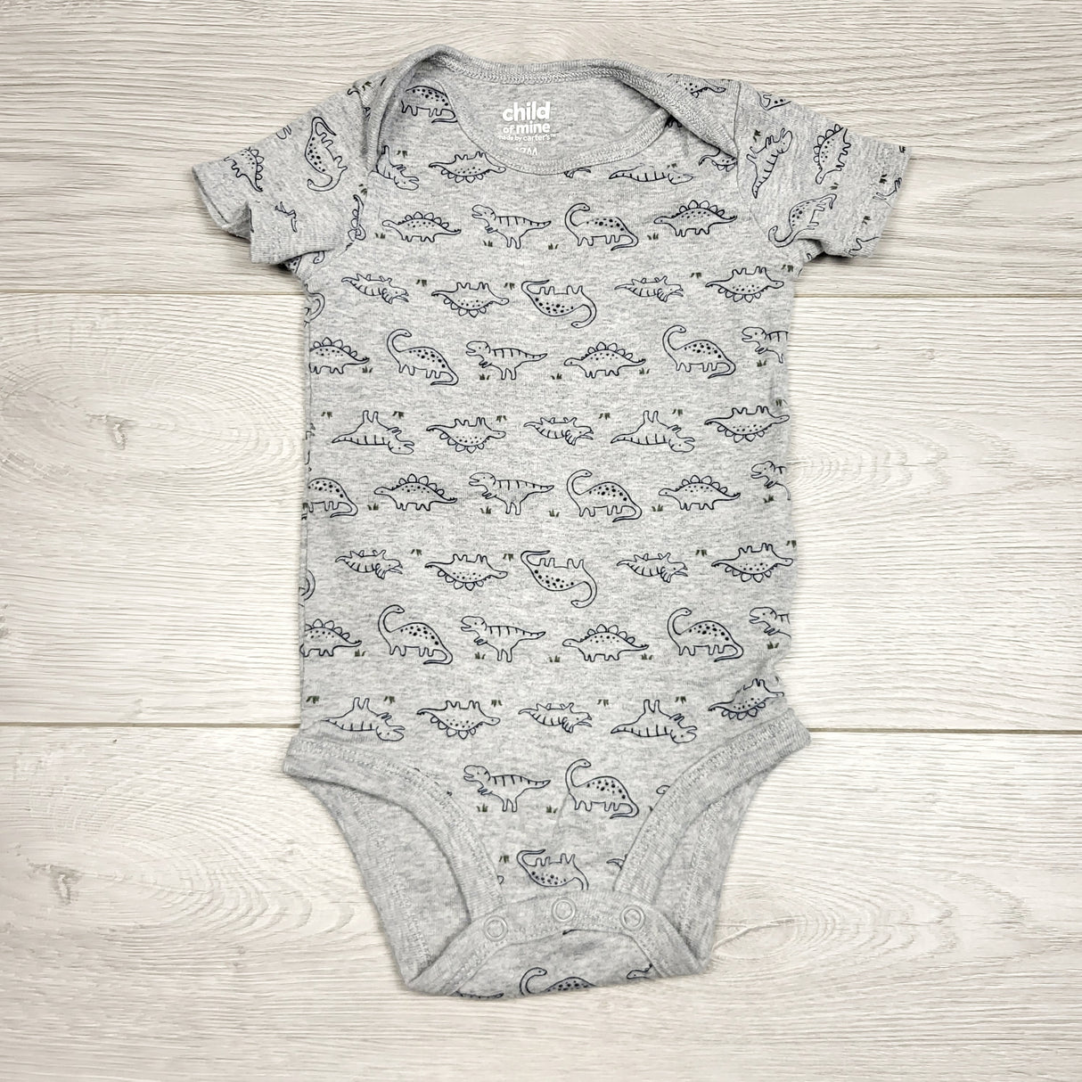 RBEN2 - Child of Mine grey bodysuit with dinosaurs. Size 12 months