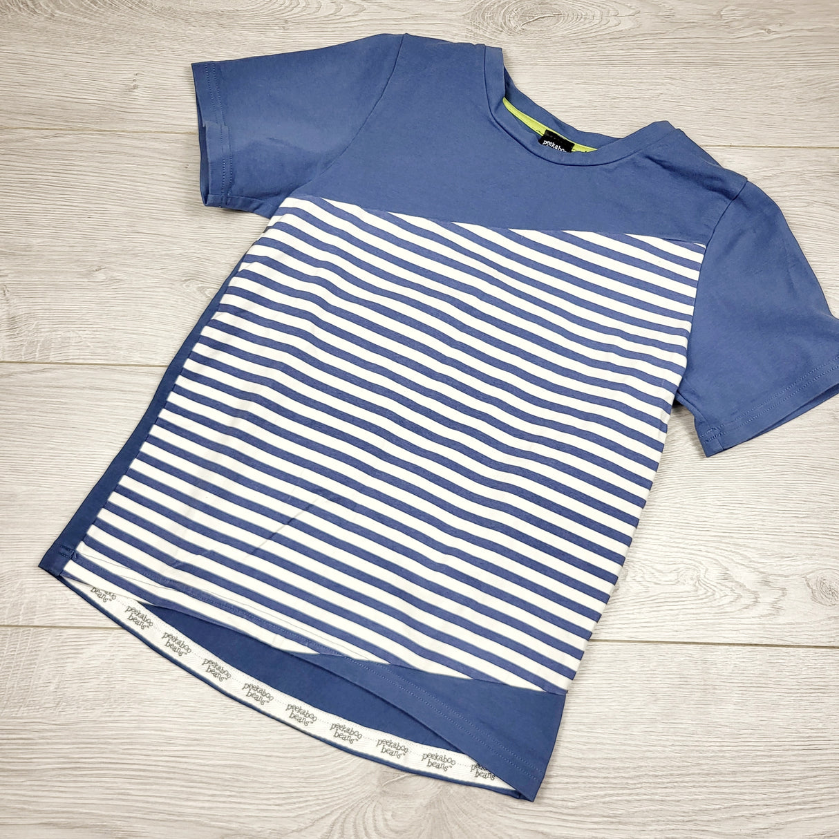 DMLS2 - Peekaboo Beans blue striped t-shirt. Size 8