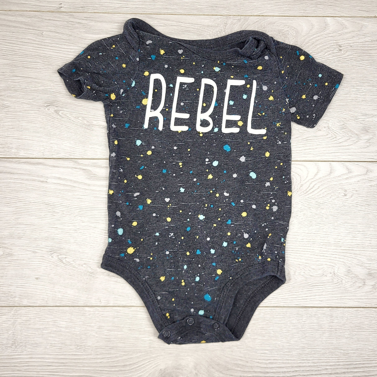 MIRE1 - George grey splatter pattern "Rebel" bodysuit. Size 18-24 months