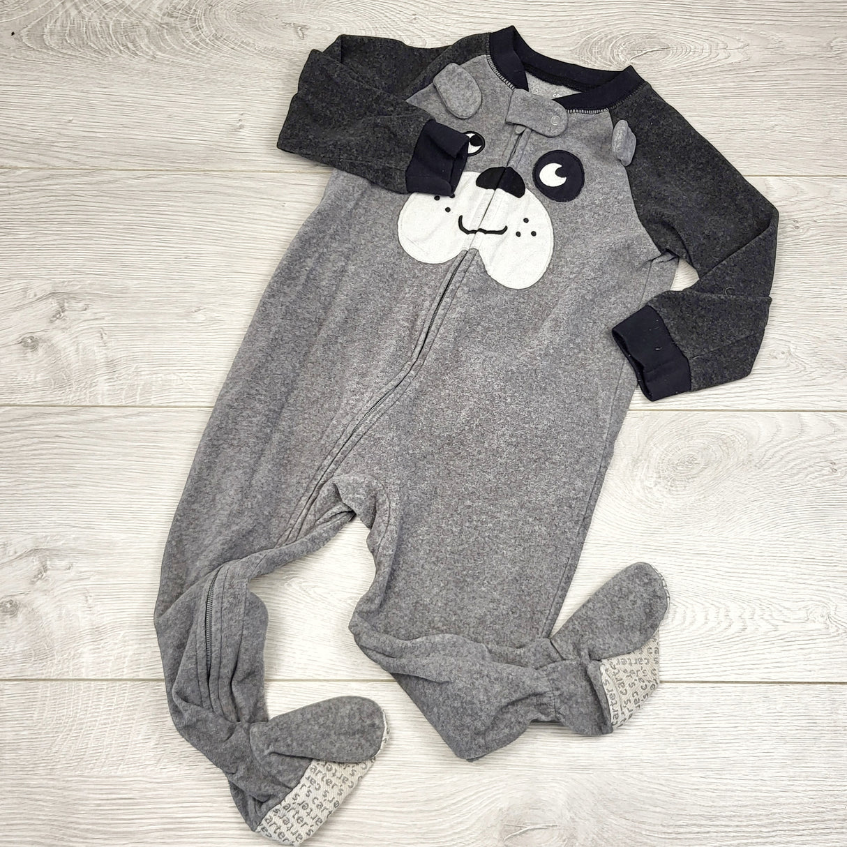 MIRE1 - Carters grey and black zippered fleece sleeper with dog. Size 18 months