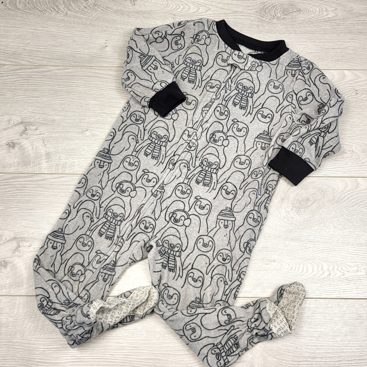 MIRE1 - Carters grey zippered fleece sleeper with penguins. Size 18 months