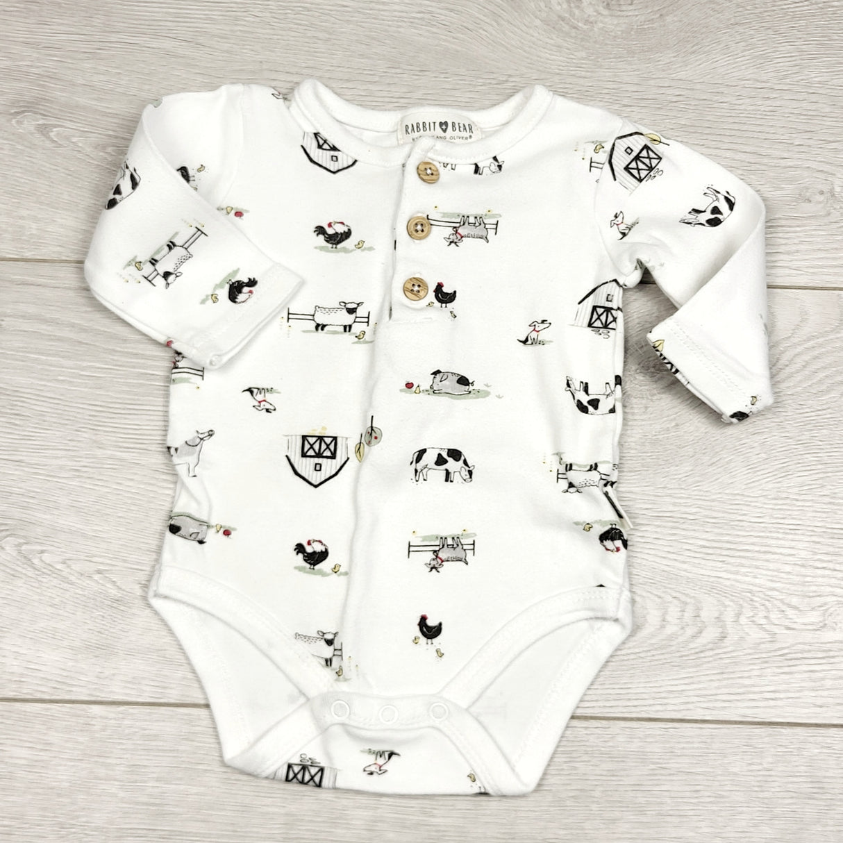 KWTT2 - Rabbit + Bear white long sleeved bodysuit with farm theme. Size 0-3 months