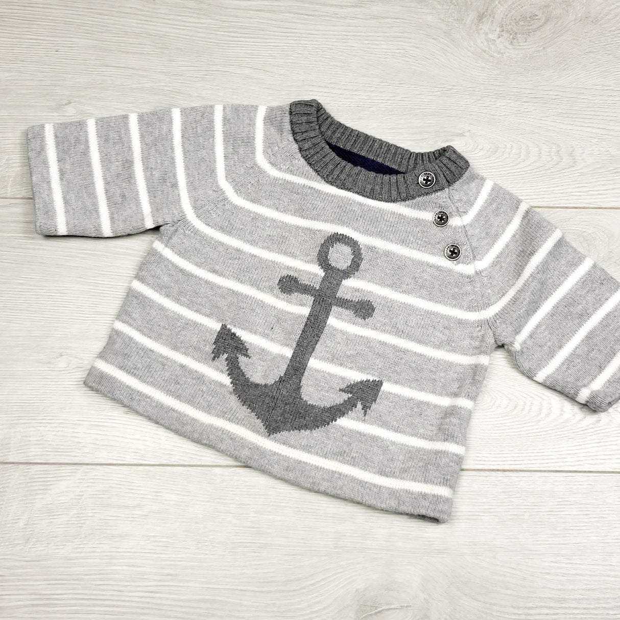 KWTT2 - H and M grey striped sweater with anchor. Size 4-6 Months