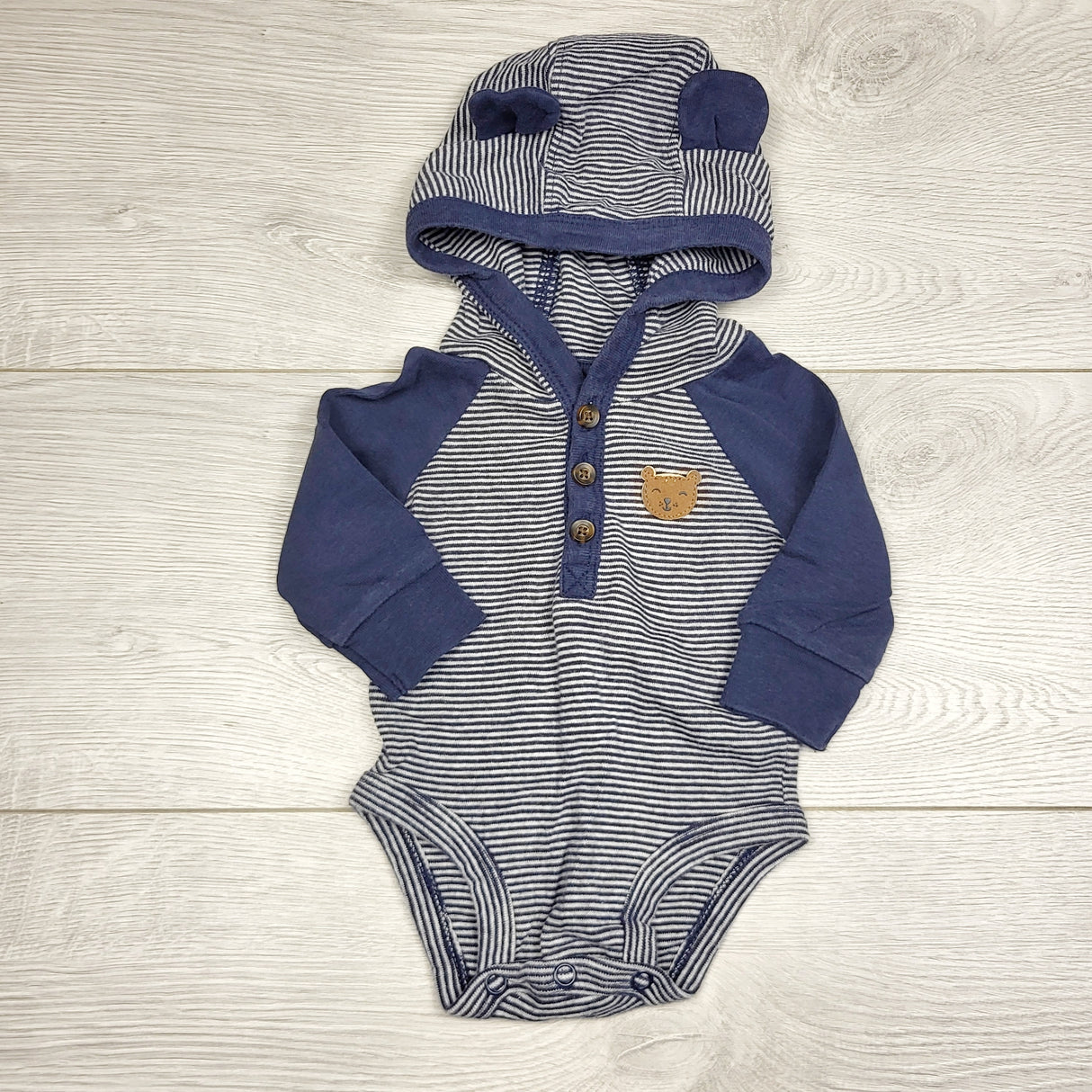 KWTT2 - Carters navy striped hooded bodysuit. Newborn size