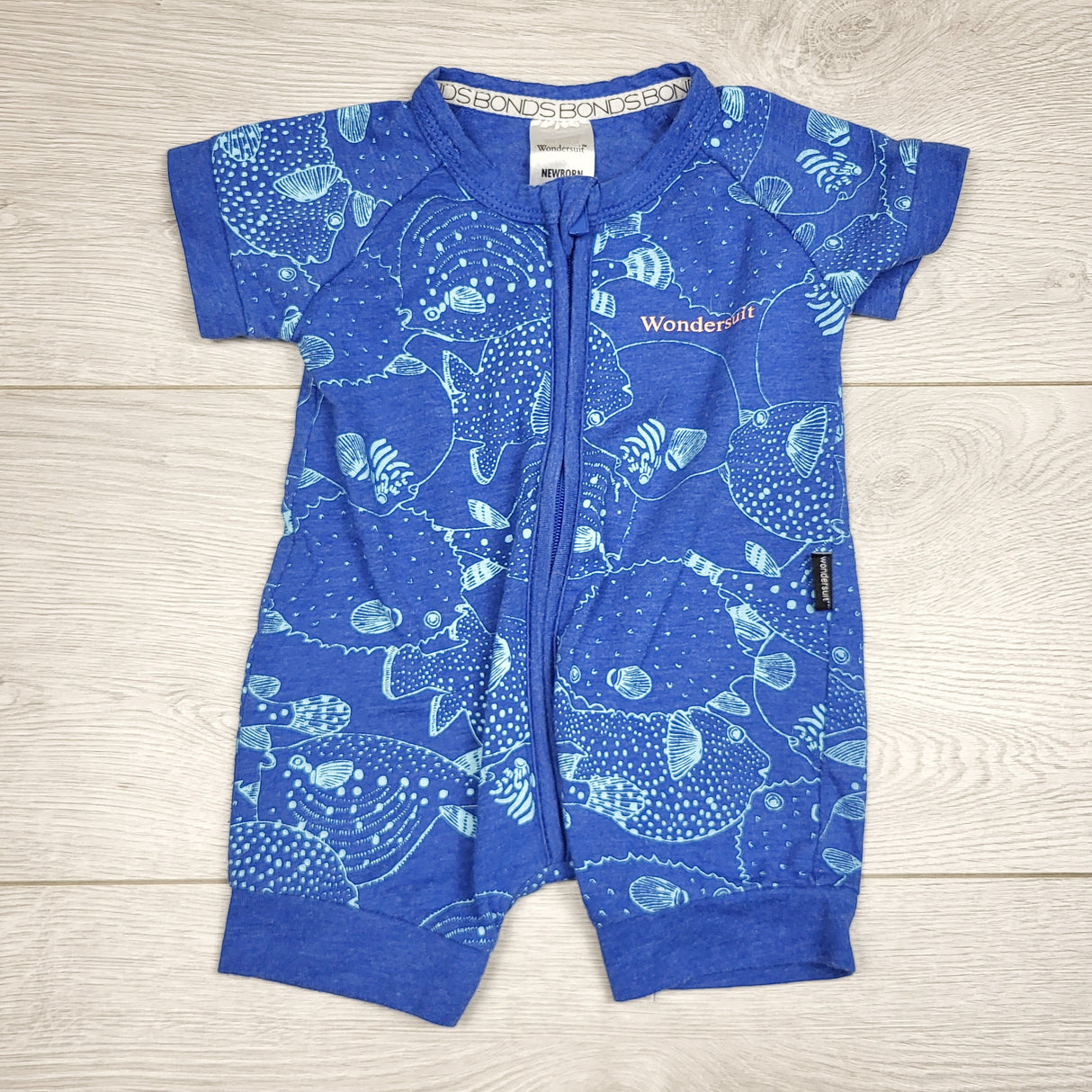 KWTT2 - Bonds blue Wondersuit romper with fish. Newborn size