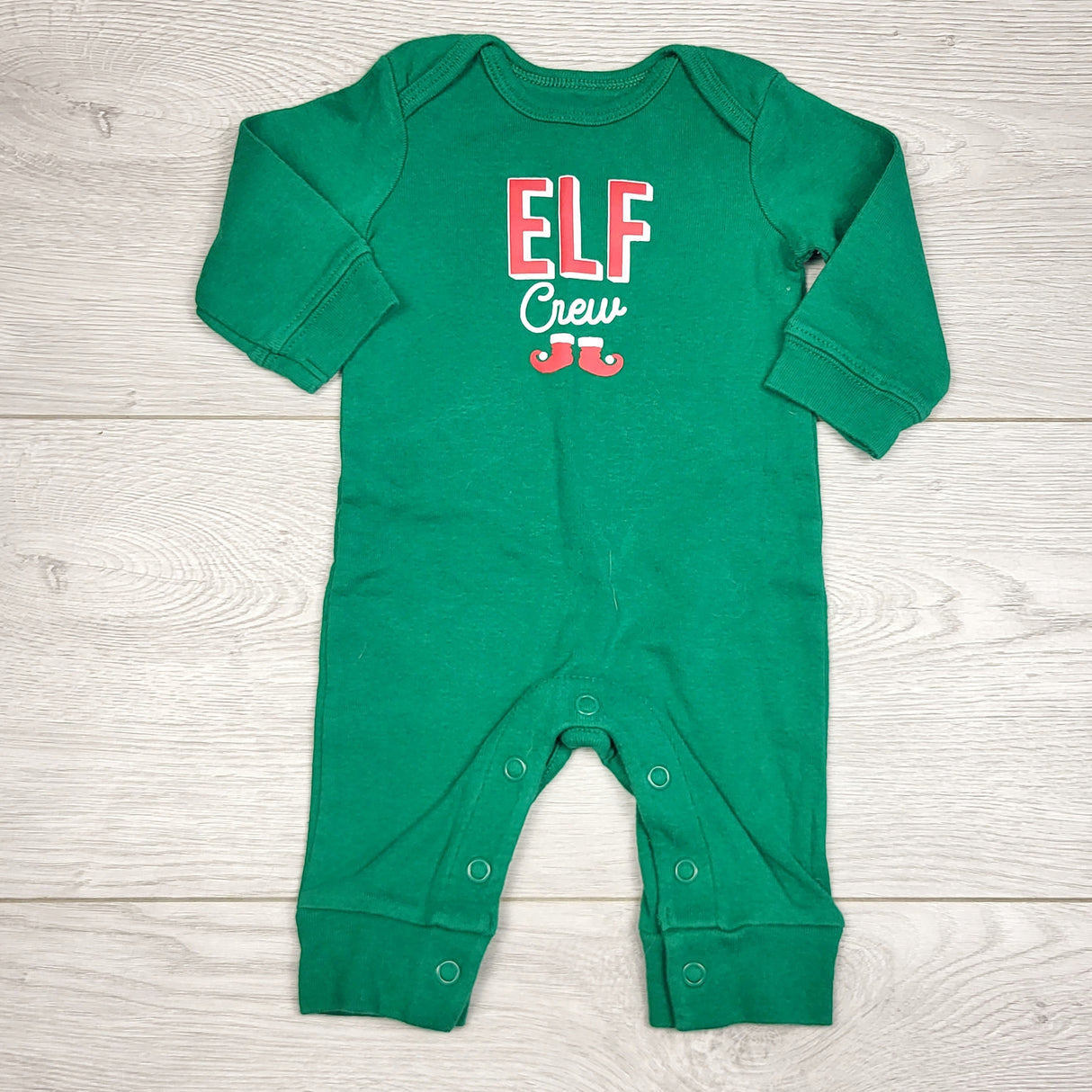 KWTT22 - Carters green "Elf Crew" cotton romper. Newborn size