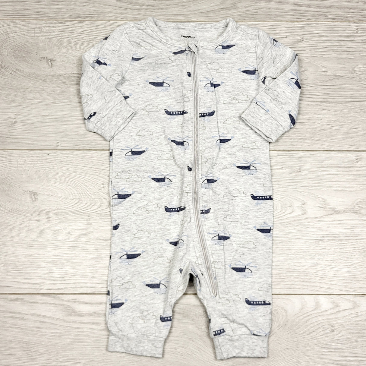 KWTT22 - George grey zippered cotton sleeper with helicopters. Size 0-3 months