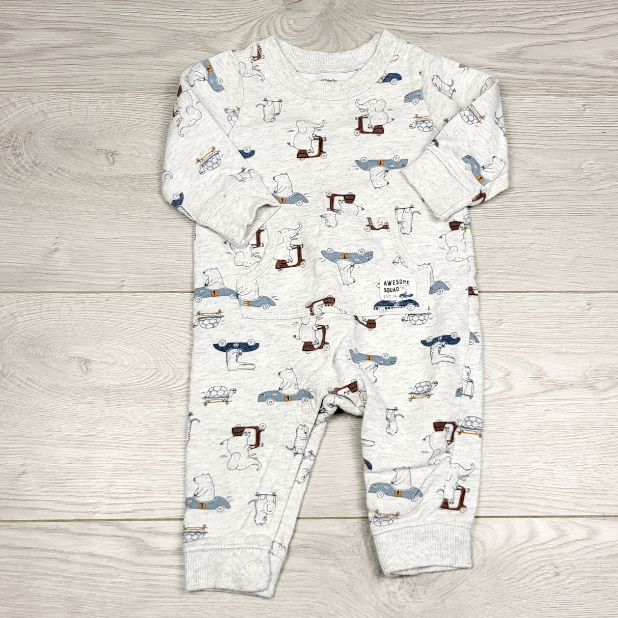 KWTT22 - Carters grey sweatshirt romper with animals in cars. Size 6 months