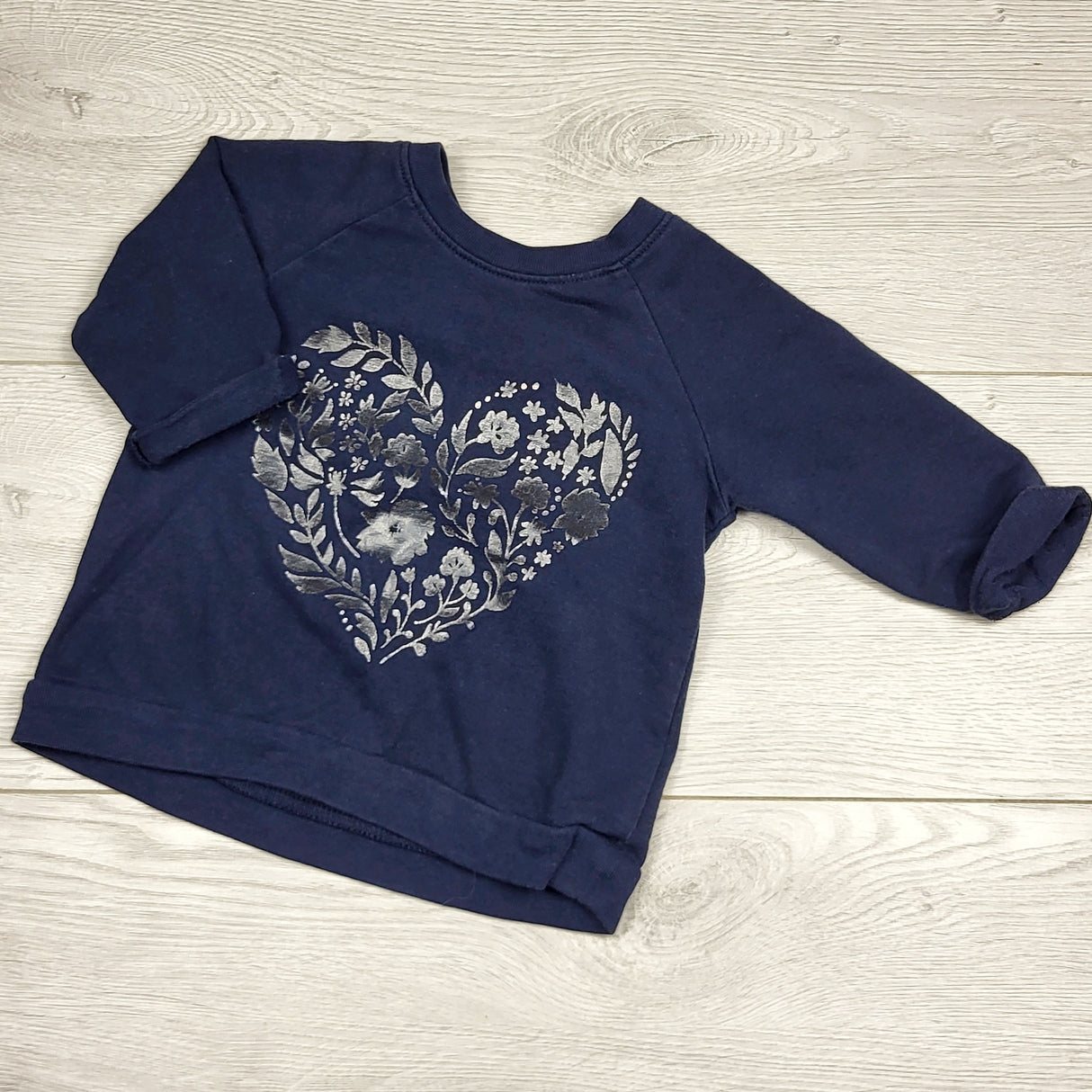 MBLK1 - Old Navy navy sweatshirt with floral heart. Size 12-18 months