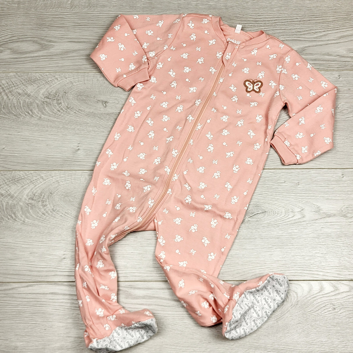 MBLK1 - Pekkle pink zippered sleeper with flowers. Size 12 months