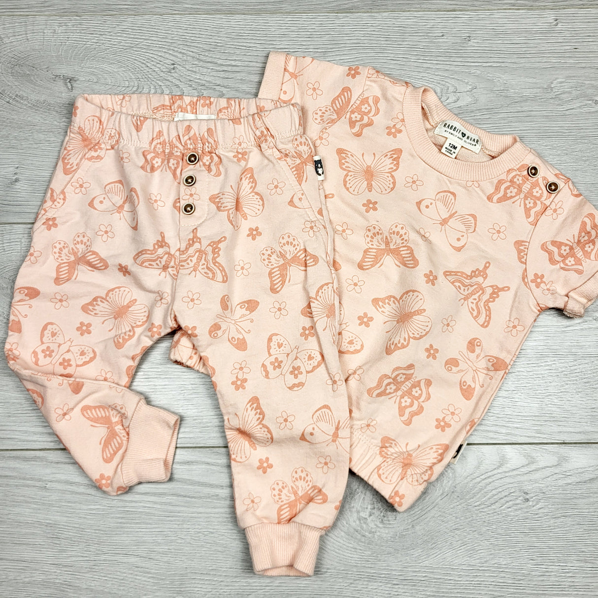 MBLK1 - Rabbit + Bear 2pc coral set with butterflies. Size 12 months