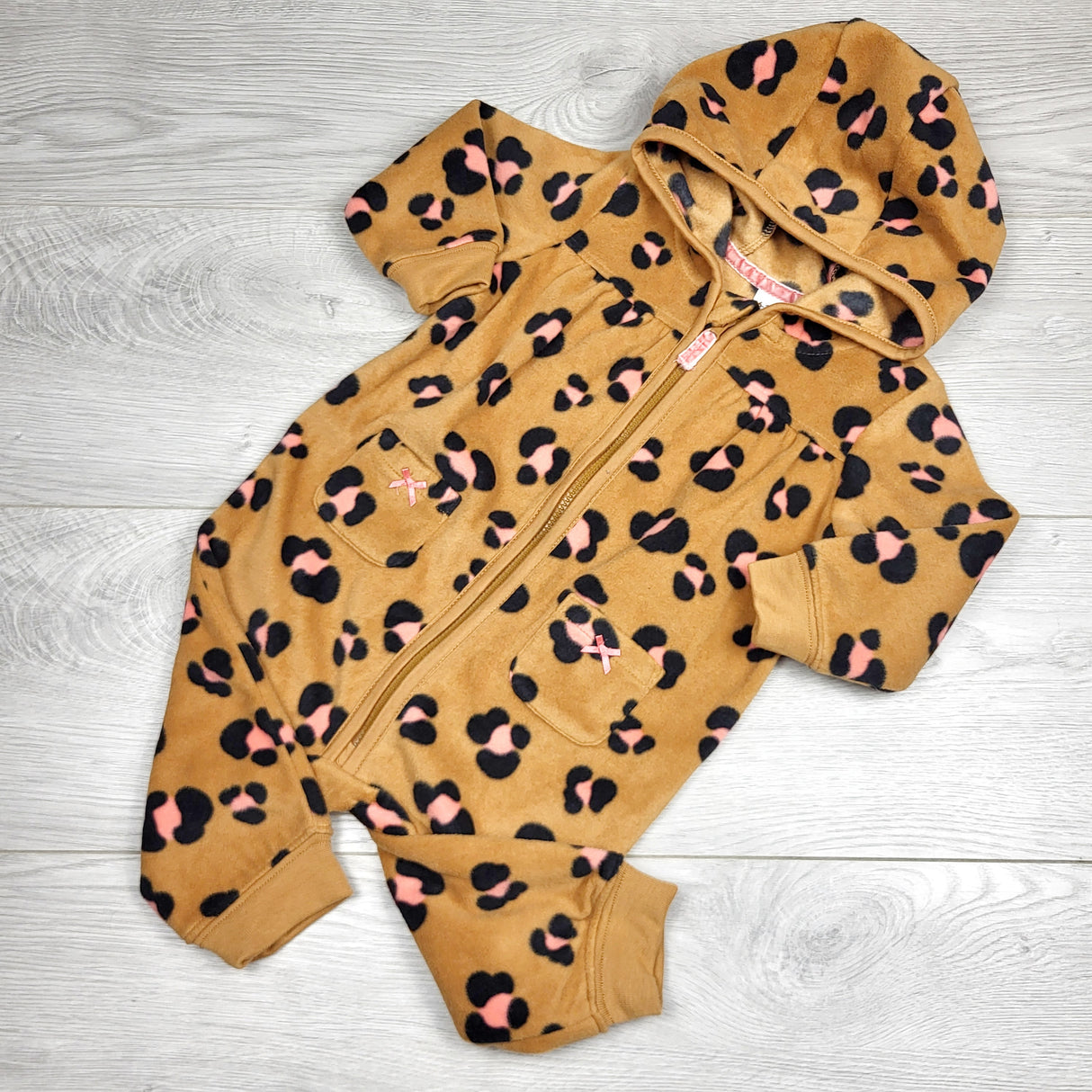 MBLK1 - George tan leopard print hooded fleece romper. Size 6-12 months