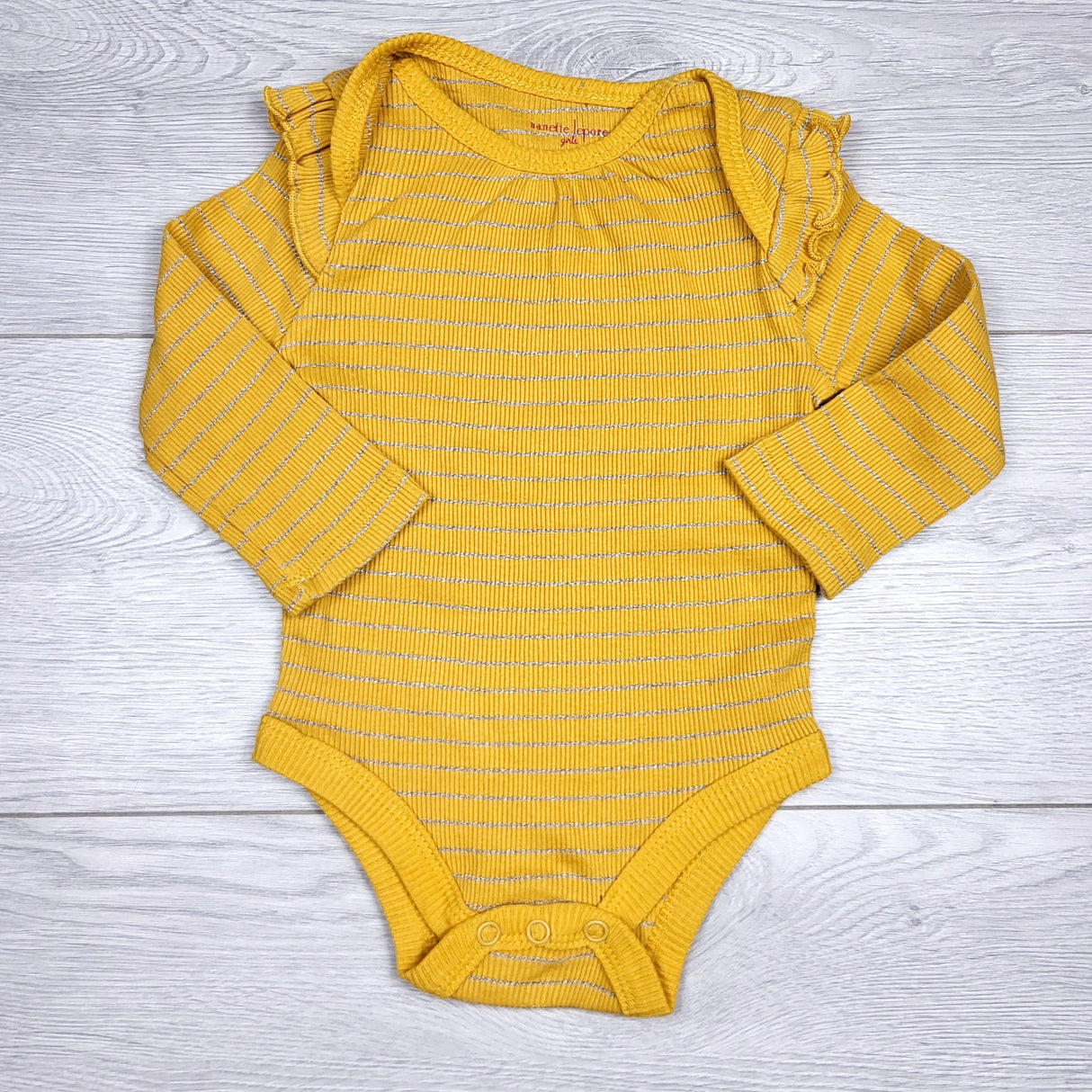 MBLK1 - Nanette Lepore yellow ribbed bodysuit with silver sparkle threading. Size 6-9 months