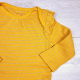 MBLK1 - Nanette Lepore yellow ribbed bodysuit with silver sparkle threading. Size 6-9 months