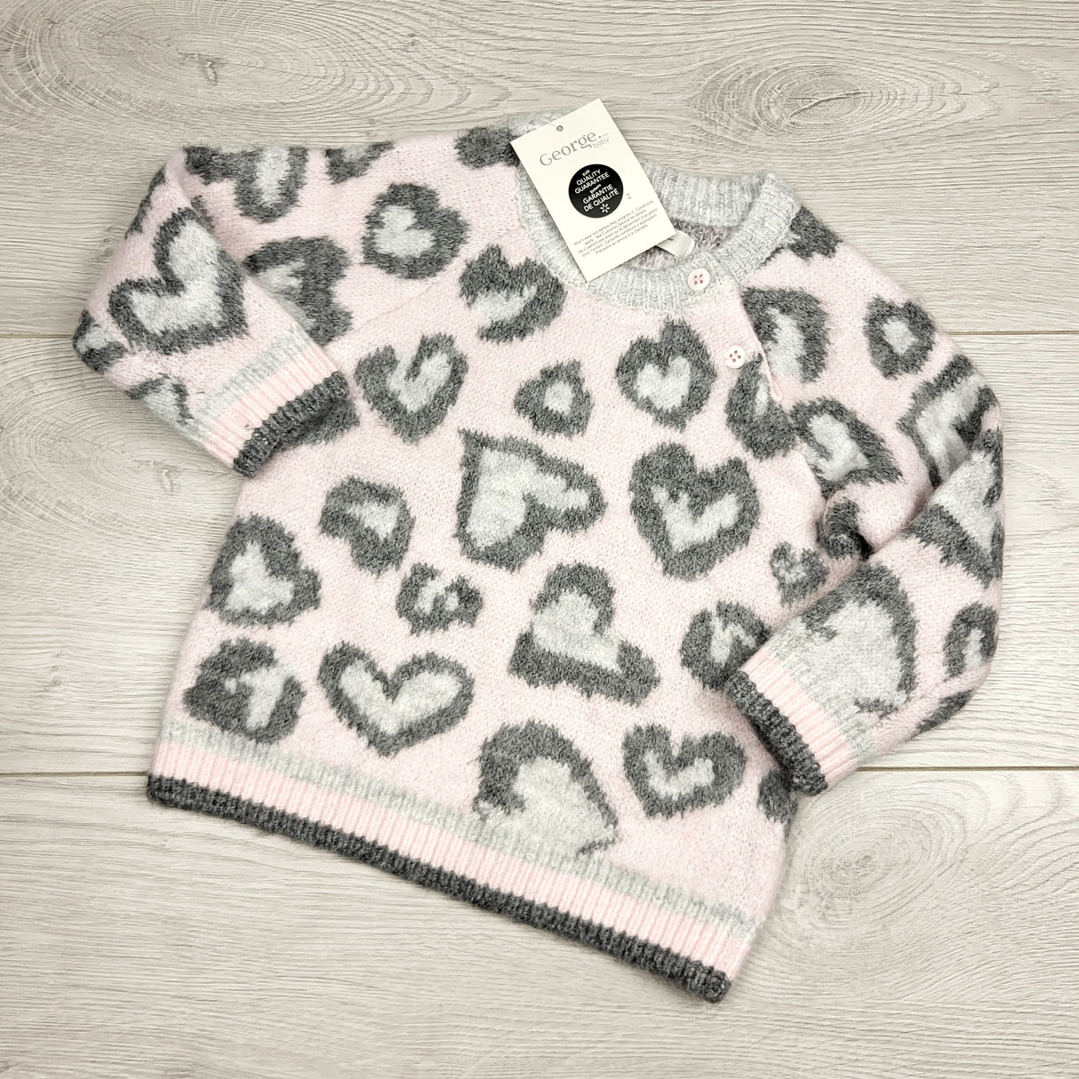 MBLK1- NEW - George pink and grey sweater with hearts. Size 6-12 months