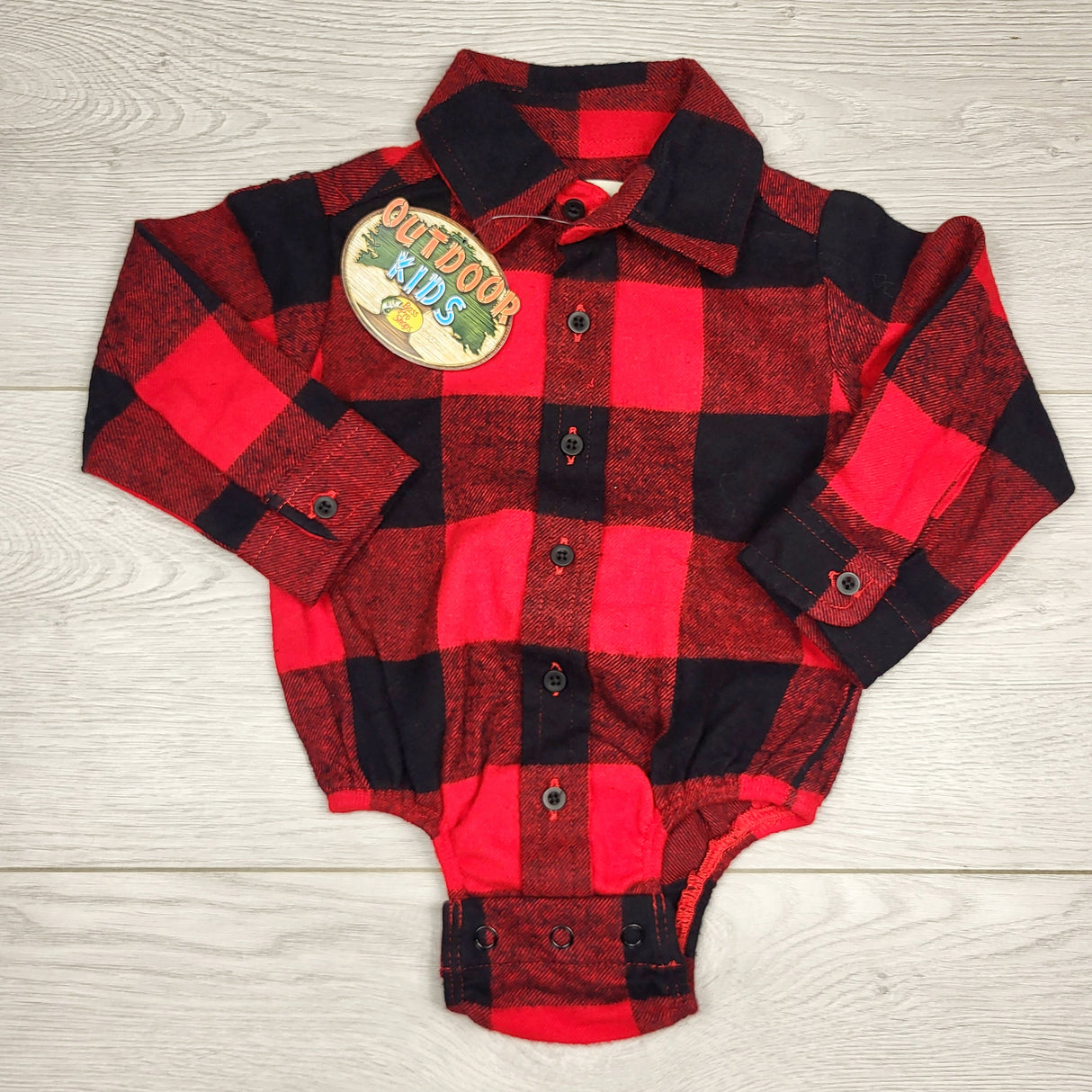 MBLK11 - NEW - Outdoor Kids red plad flannel button down bodysuit. Size 6-9 months