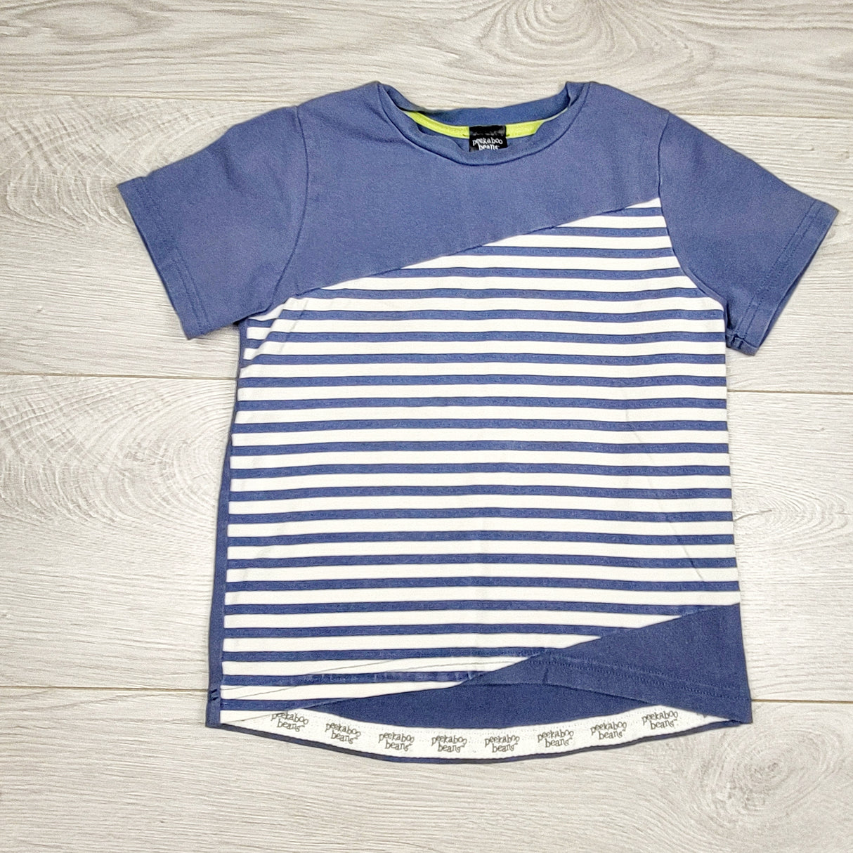 SPLT11 - Peekaboo Beans blue striped t-shirt. Size 4T