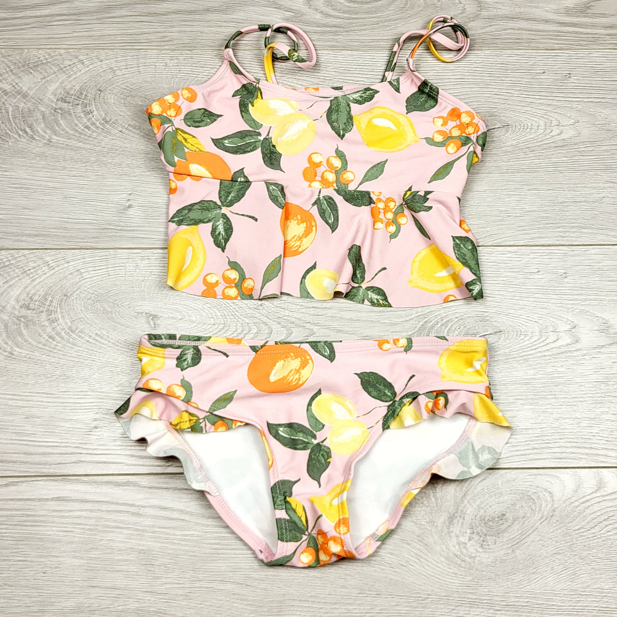 CHAM1 - Oshkosh pink 2pc swimsuit with lemons and oranges. Size 10