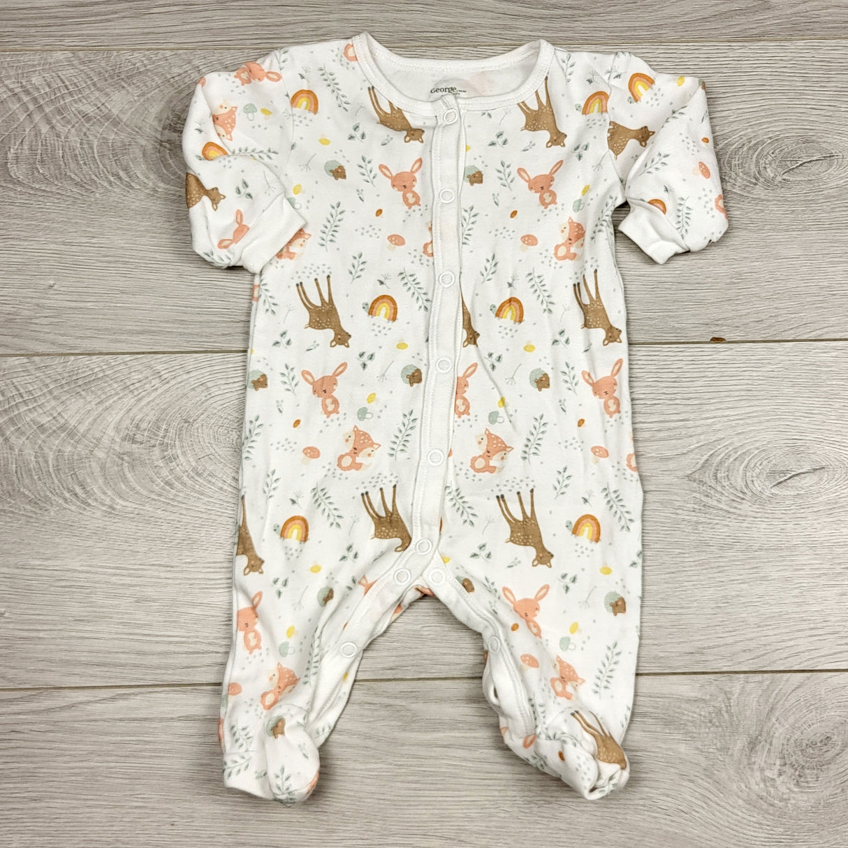 JFLM2 - George white cotton sleeper with woodland animals. Size 0-3 months