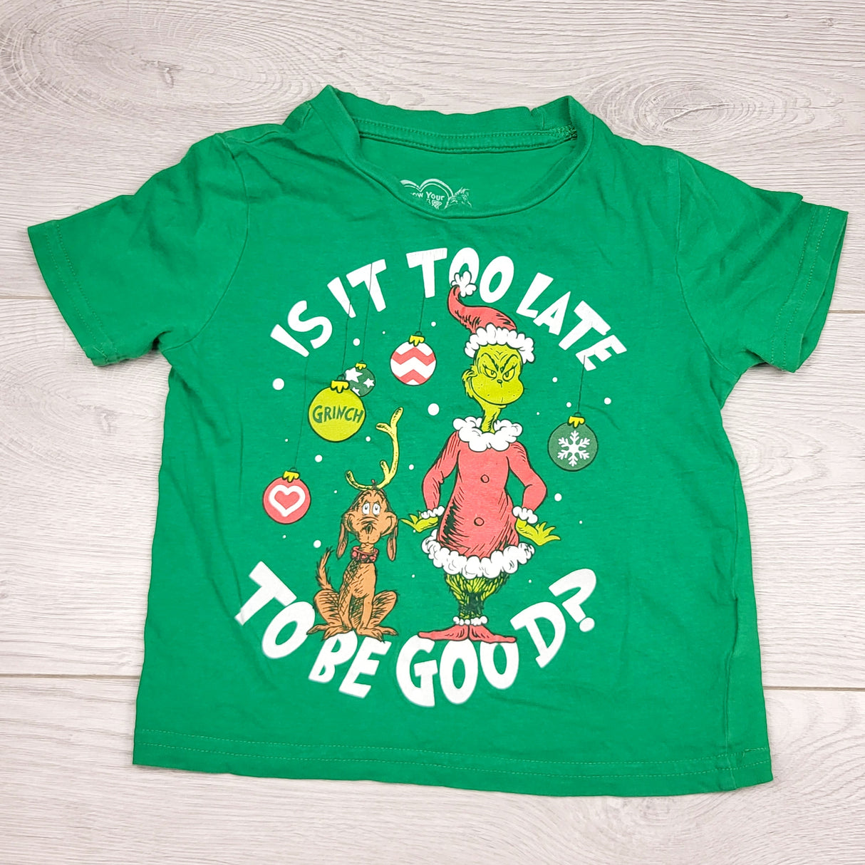 JFLM2 - Green Grinch t-shirt "It It Too Late to Be Good". Size 2T