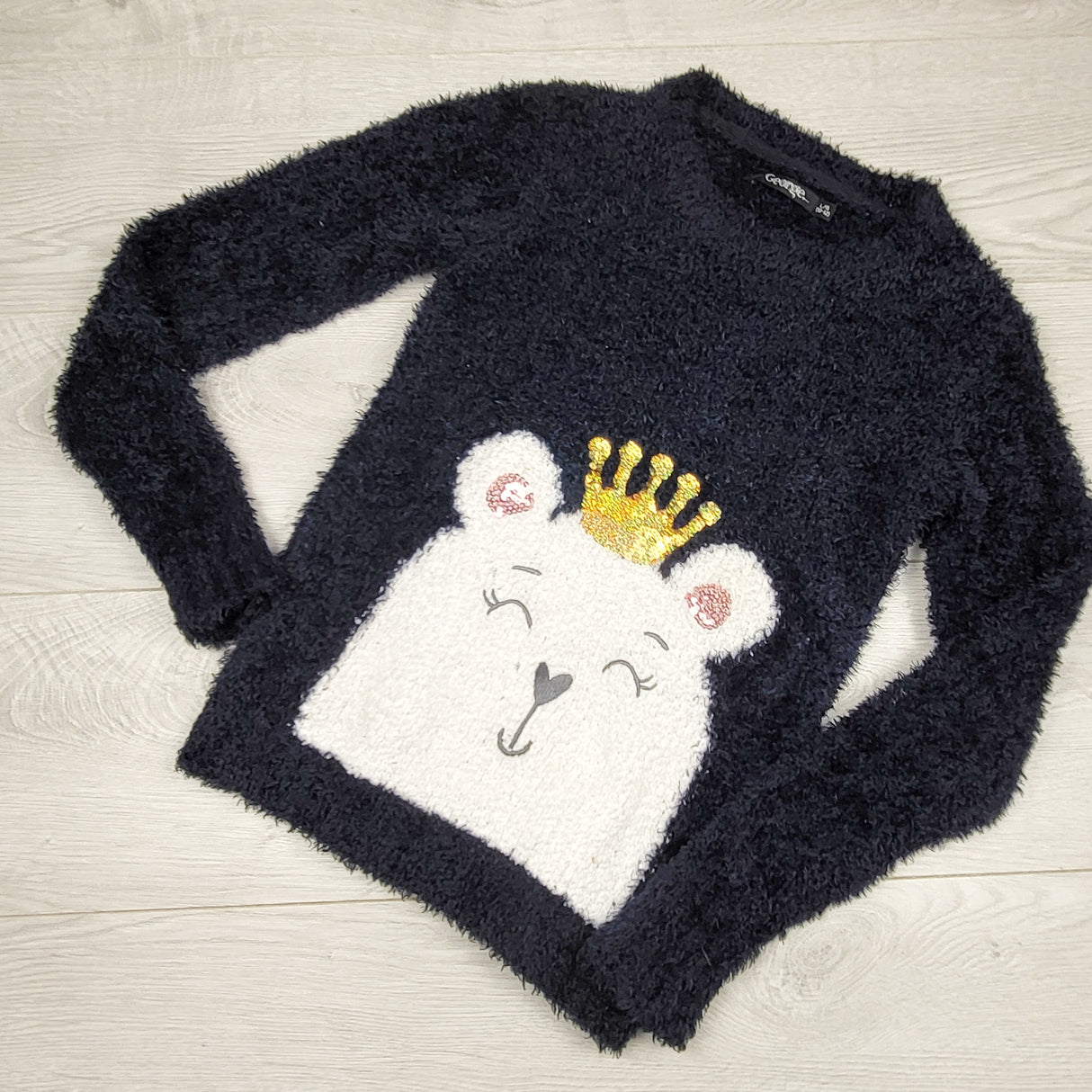 SPLT2 - George navy faux fur polar bear sweater. Size 10/12