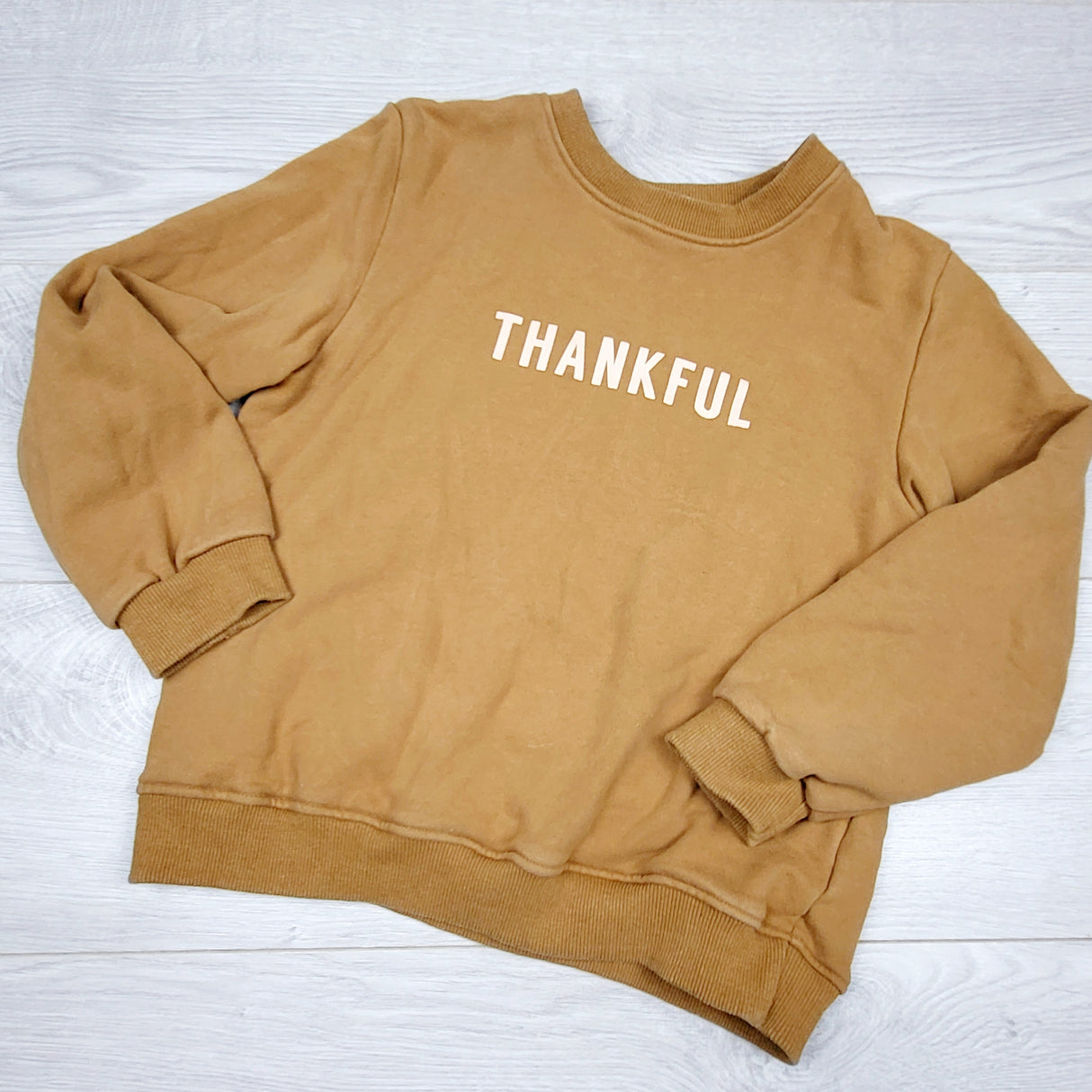 SHYS3 - Minimalist Folk Co. tan "Thankful" crewneck. Size 8-10 Years