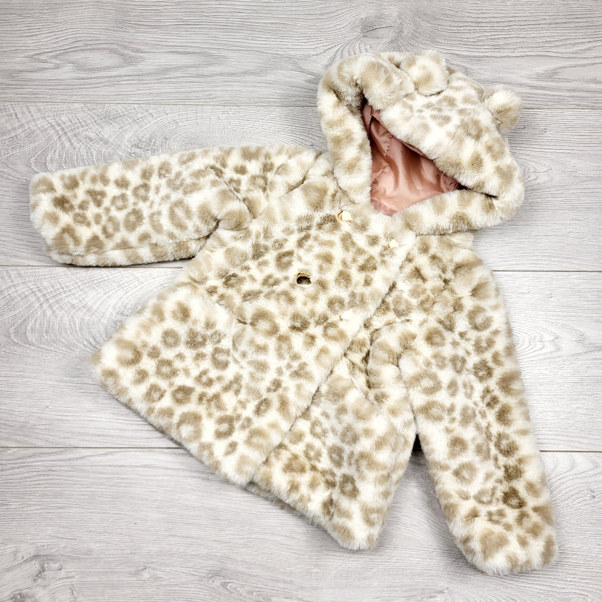 MBLK2 - Catherine Malandrino leopard print hooded faux fur jacket. Size 6-9 months