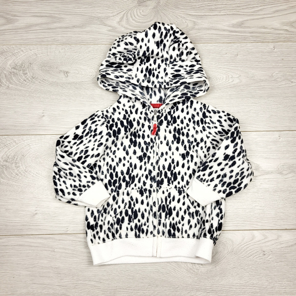 MBLK22 - Carters white and black Dalmatian spotted zip up hoodie. Size 12 months