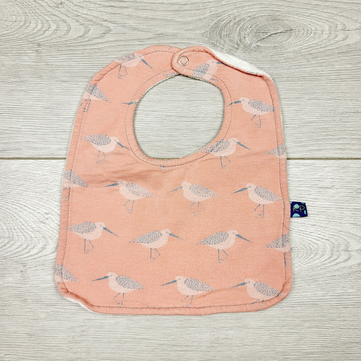 MBLK22 - Kickee Pants pink terrycloth backed bamboo bib with birds.