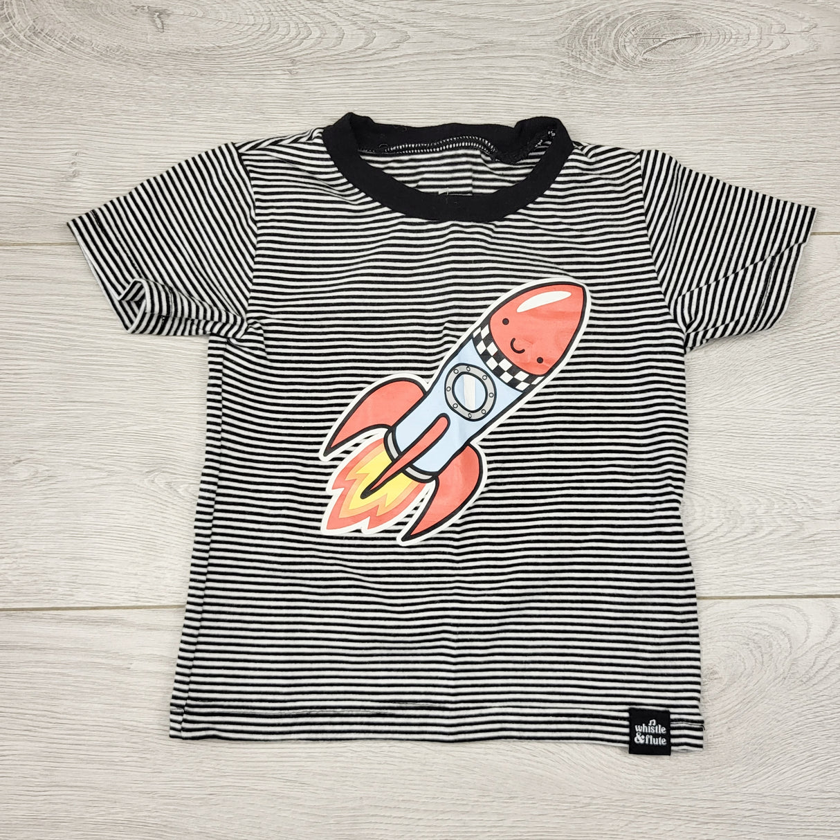 MIRE4 - Whistle and Flute striped t-shirt with rocket. Size 12-18 months