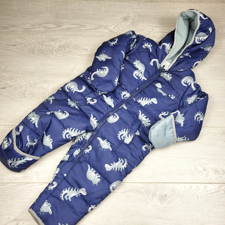 AWAT1 - Carters navy fleece lined water resistant bunting suit / snowsuit with dinosaurs. Size 18 months