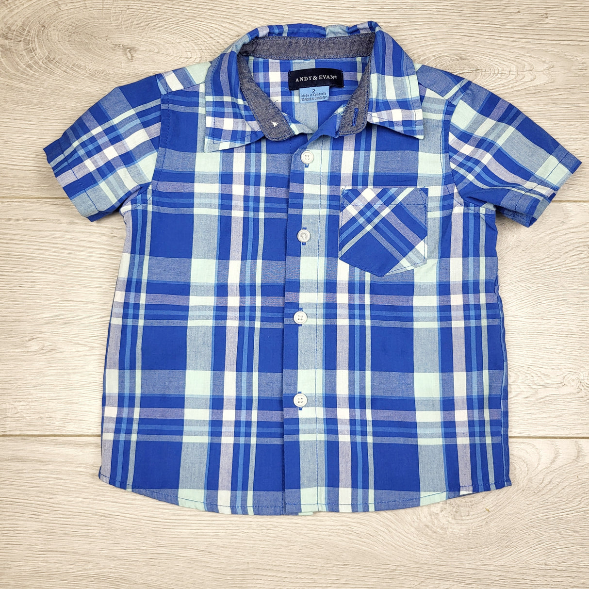 AWAT1 - Andy and Evan blue plaid button down shirt. Size 2T