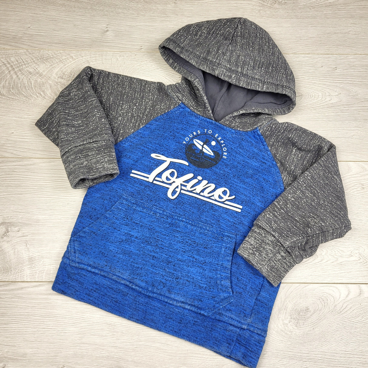 AWAT1 - Blue and grey pullover Tofino hoodie. Size 2T