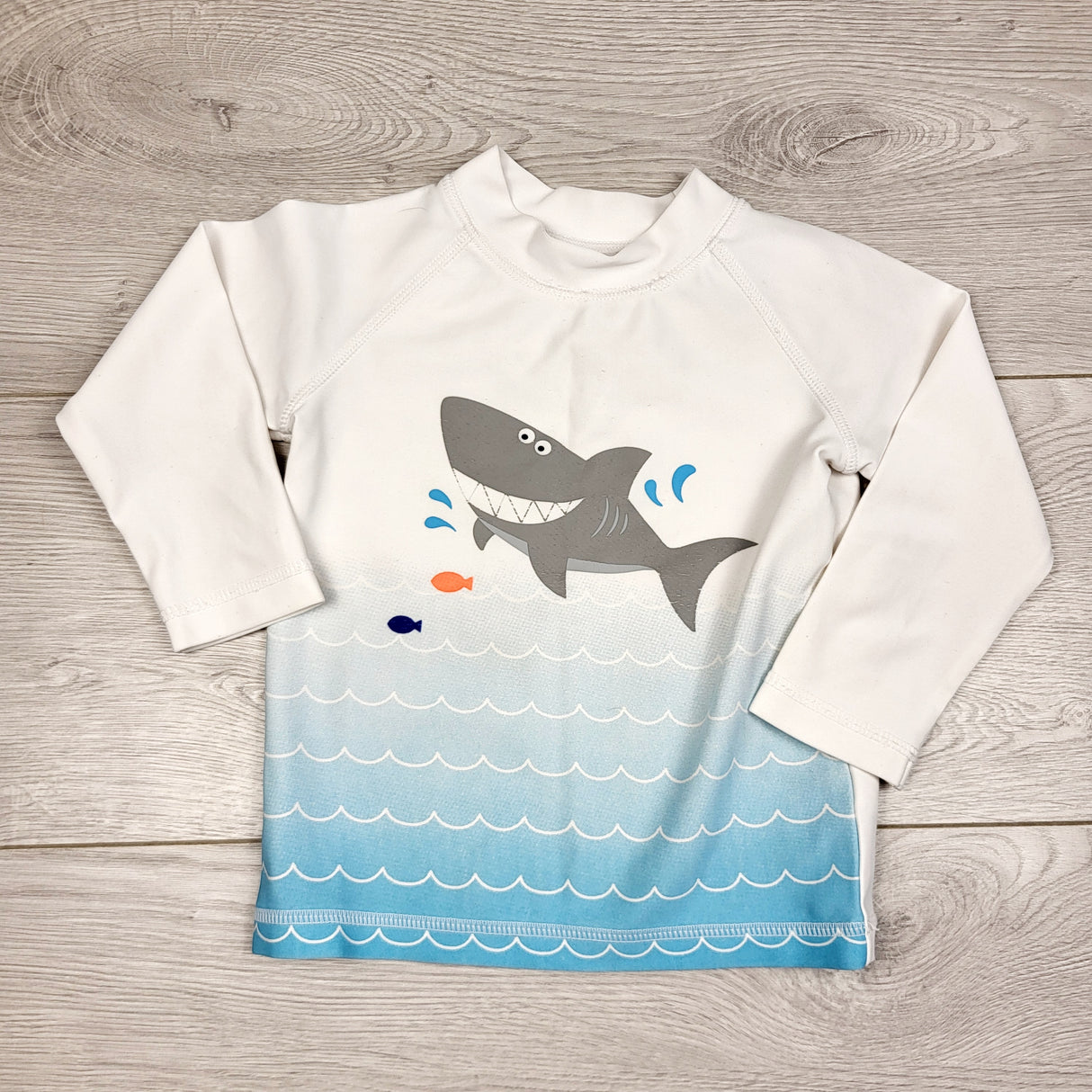 AWAT1 - Koala Kids white rash guard with shark. Size 6-9 months