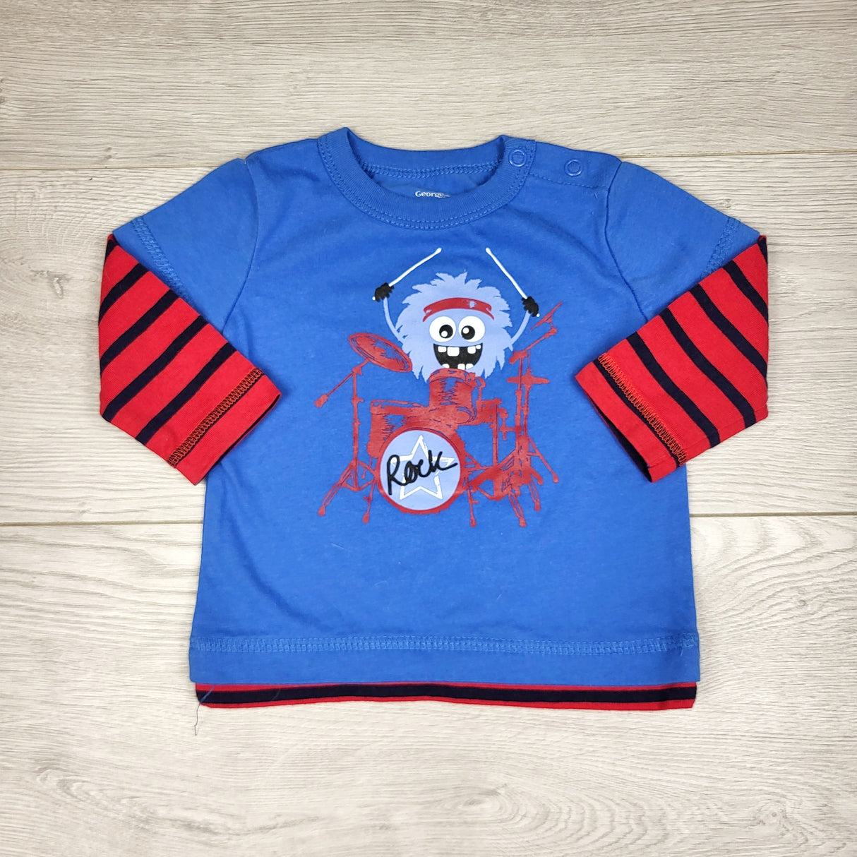 AWAT1 - George navy and red fooler shirt with monster. Size 3-6 months