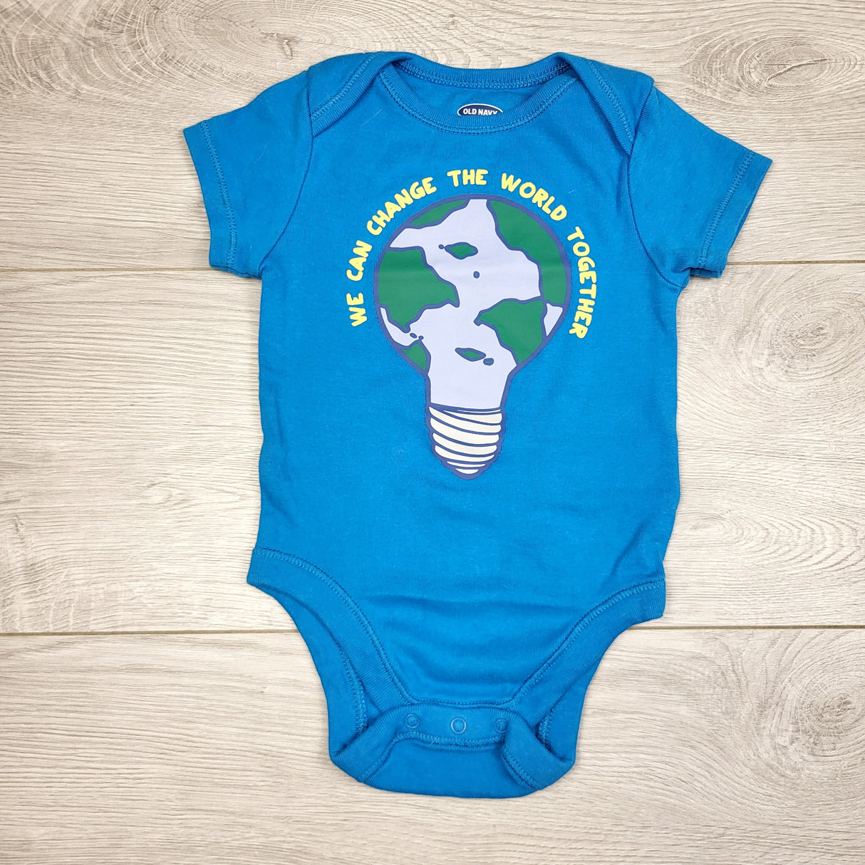 AWAT1 - Old Navy blue "We can Change the World Together" bodysuit. Size 6-12 months