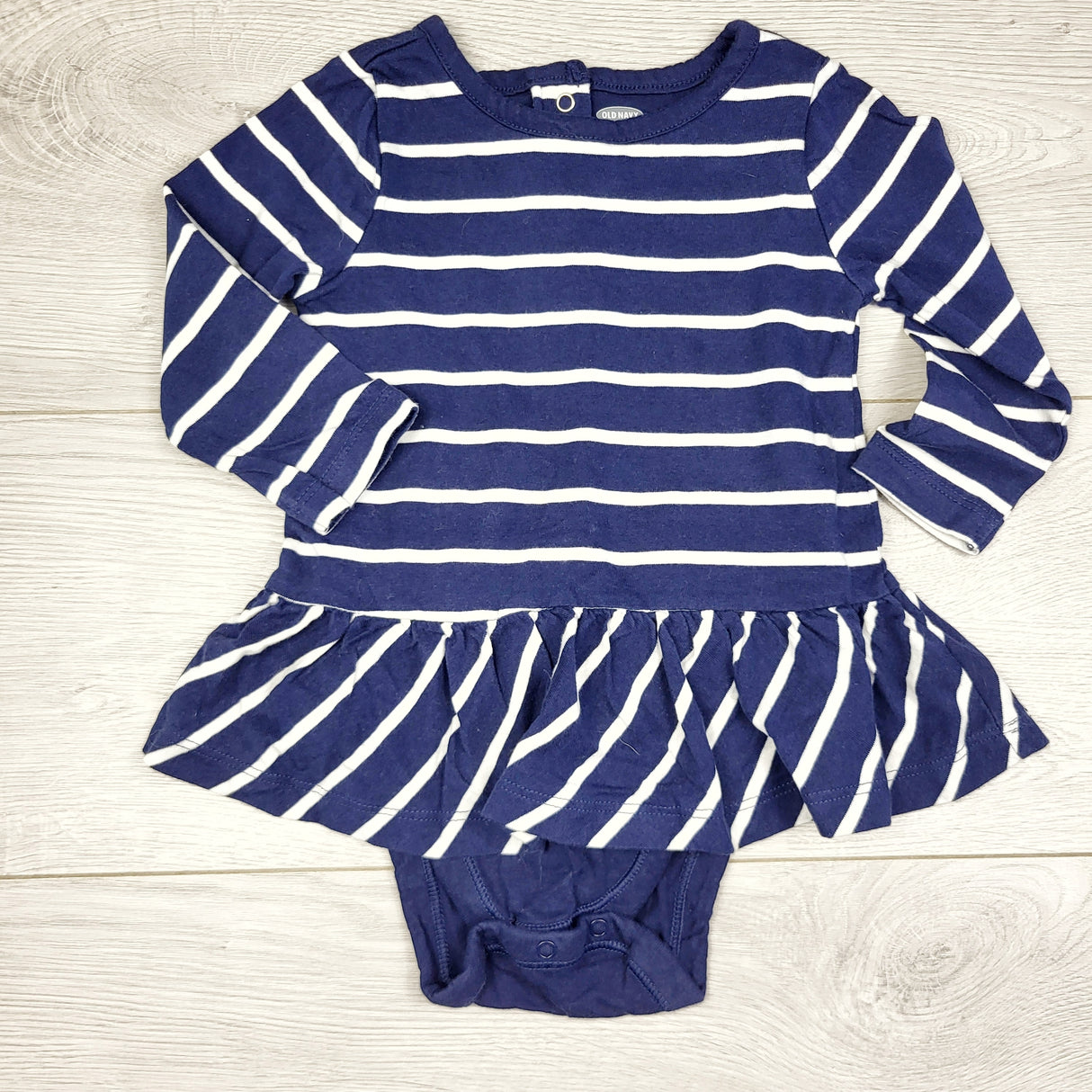 KWTT23 - Old Navy navy striped dress with attached bodysuit. Size 6-12 months