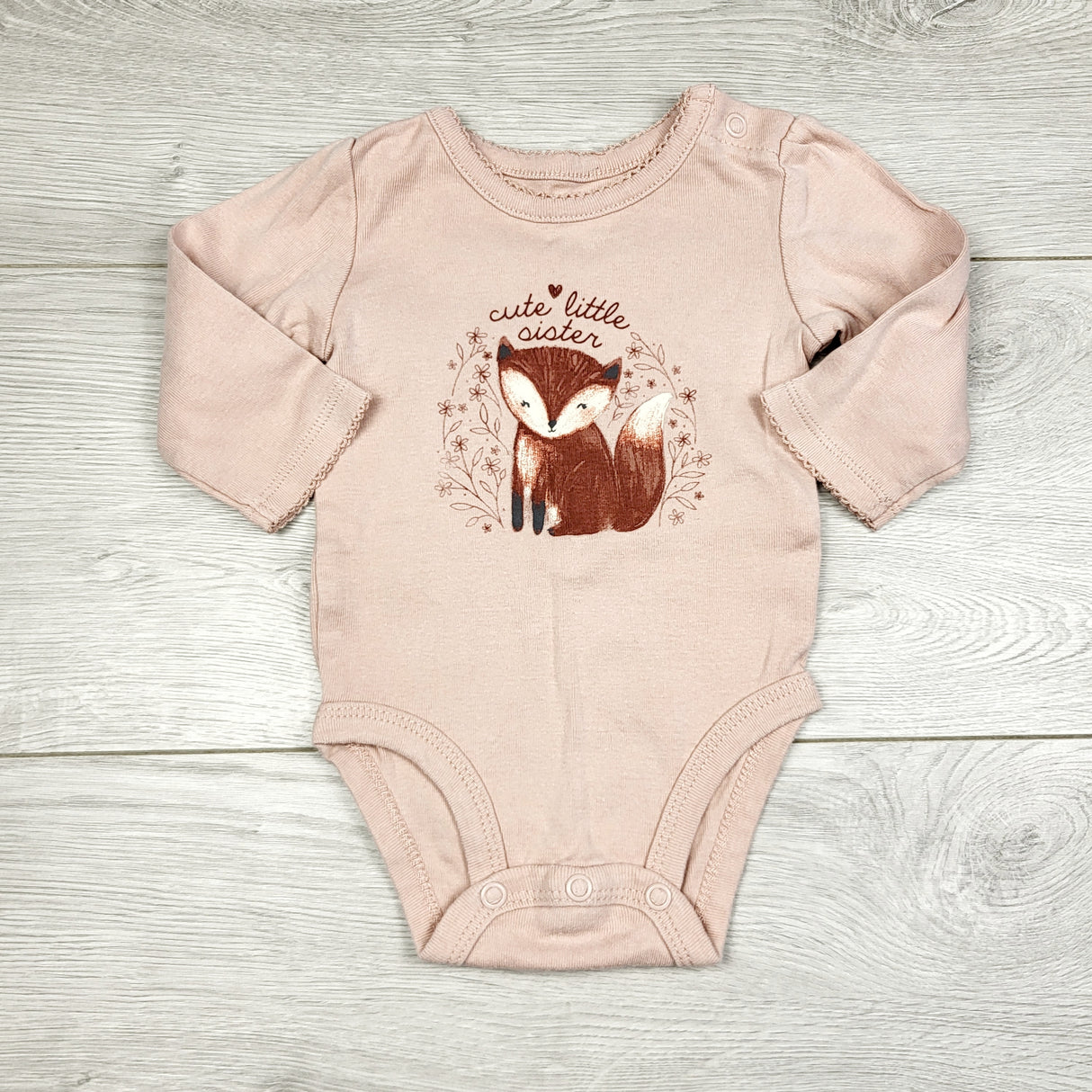 KWTT23 - Carters pink bodysuit with fox "Cute Little Sister". Size 3 months