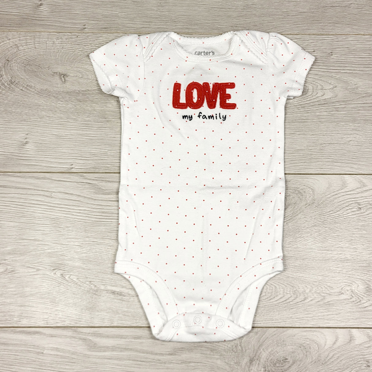 KWTT23 - Child of Mine white polka dot "Love My Family" bodysuit. Size 6-9 months