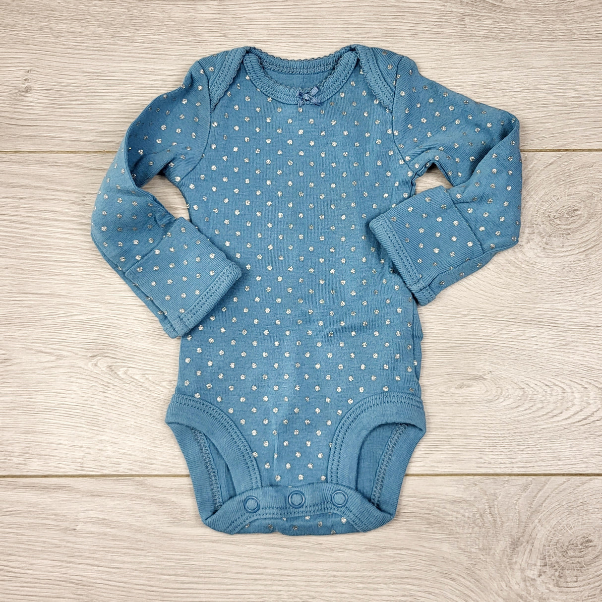 KWTT24 - Simply Joys blue-green bodysuit with silver polka dots. PREEMIE size