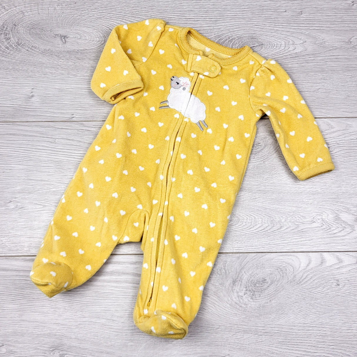 KWTT24 - Child of Mine yellow zippered polka dot sleeper with sheep. Newborn size