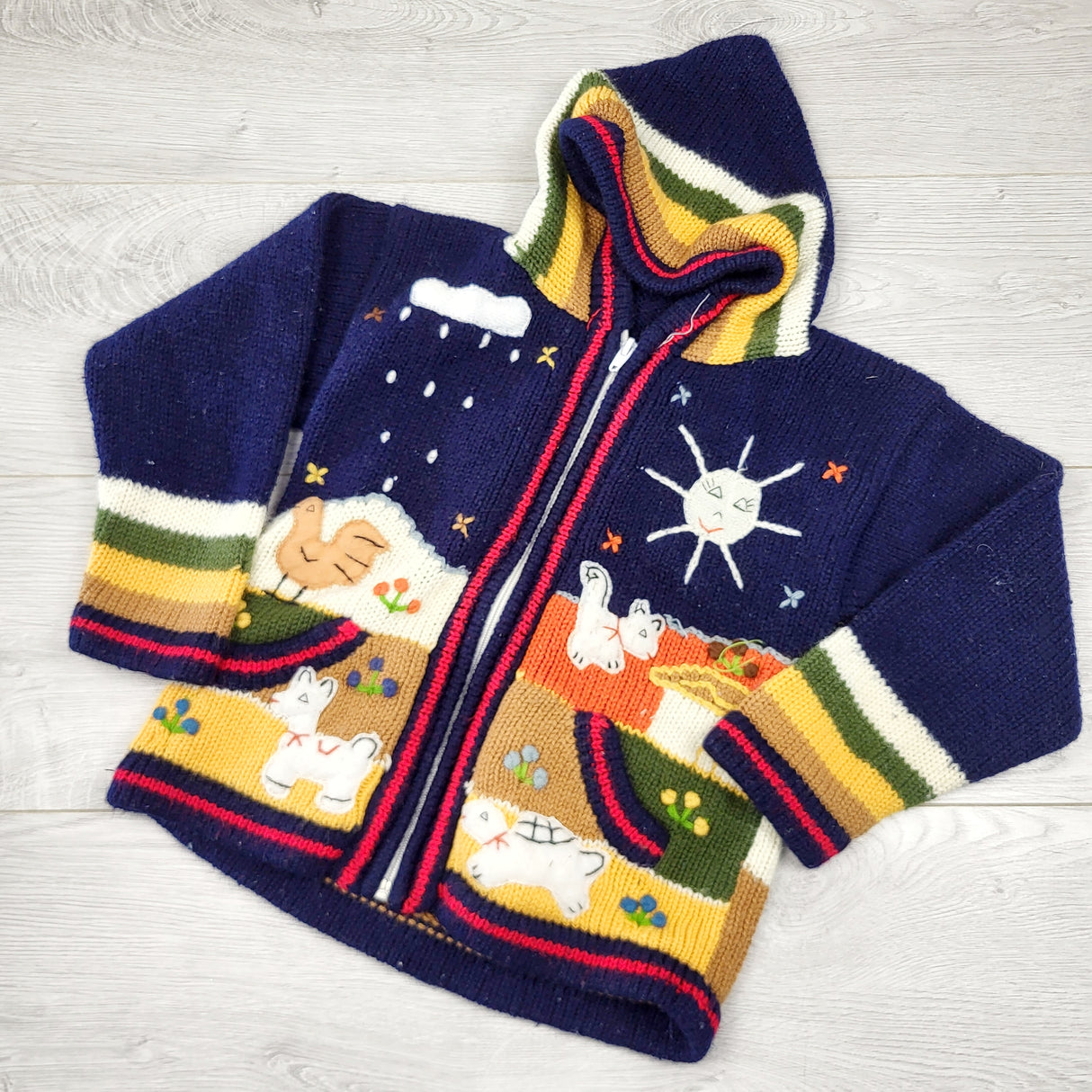 SPLT3 - Hooded 100% wool zip up Peruvian sweater. Approx 2T