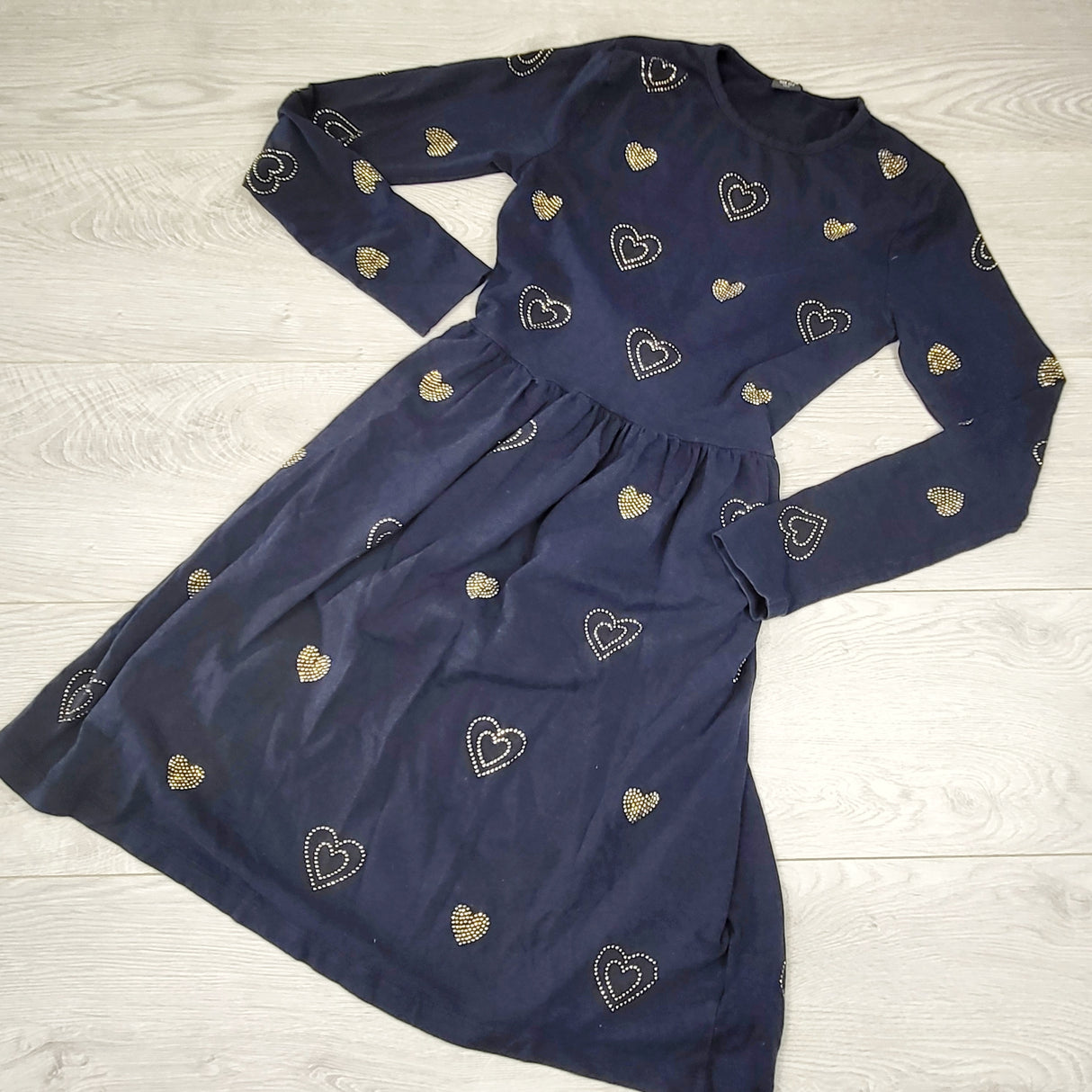 SPLT3 - Me Too navy rayon dress with embellished hearts. Size 12