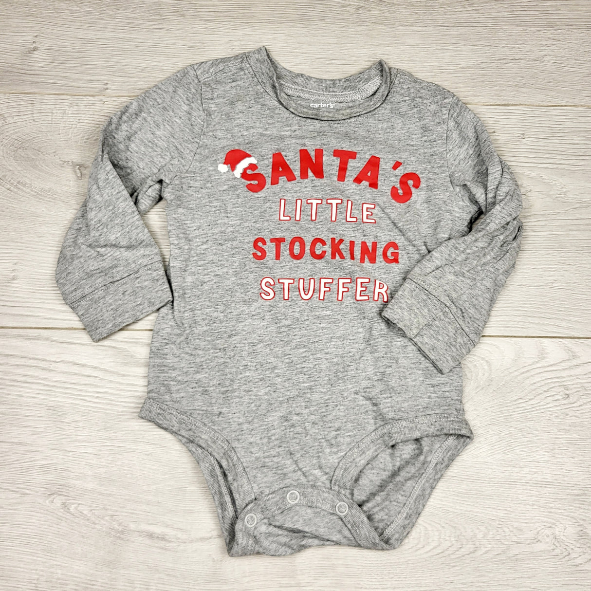 ECRS1 - Carters grey "Santa's Little Stocking Stuffer" bodysuit. Size 12 months