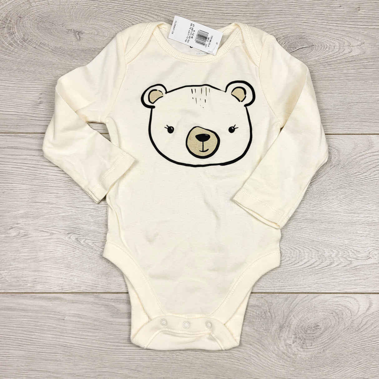 ECRS1- NEW - Old Navy cream coloured bodysuit with bear face. Size 6-12 months