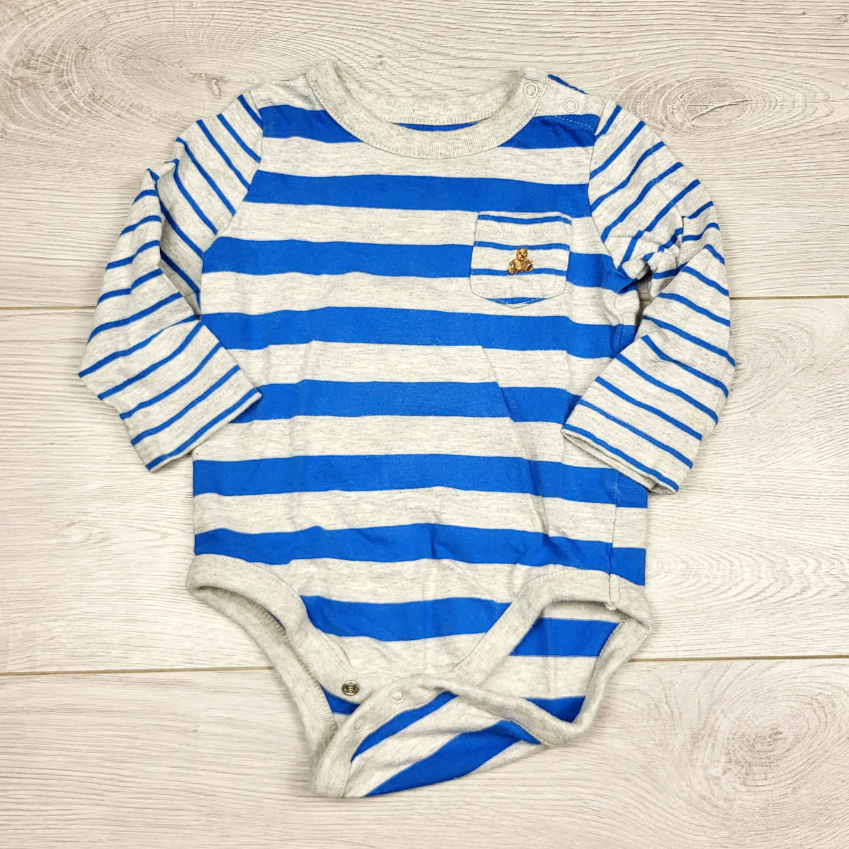 ECRS11 - Gap grey and blue striped long sleeved bodysuit. Size 6-12 months